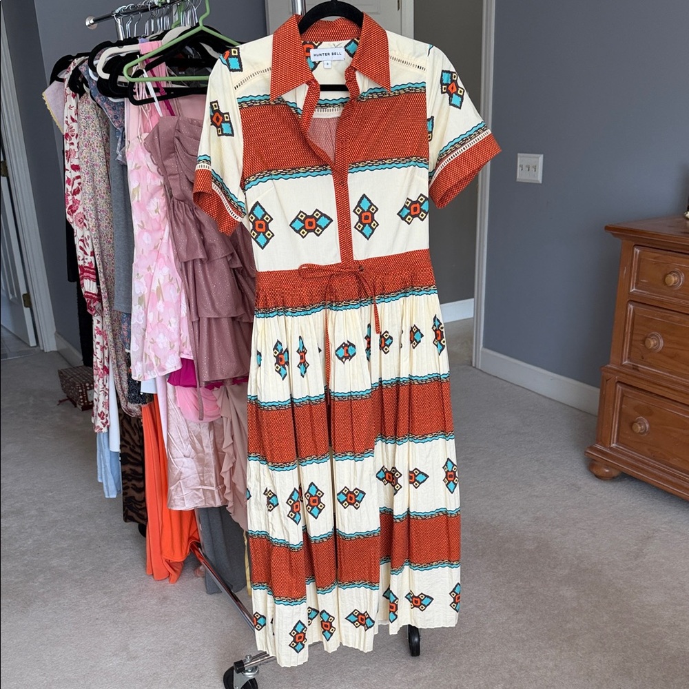 HUNTER BELL Cream and Orange Geometric Midi Dress